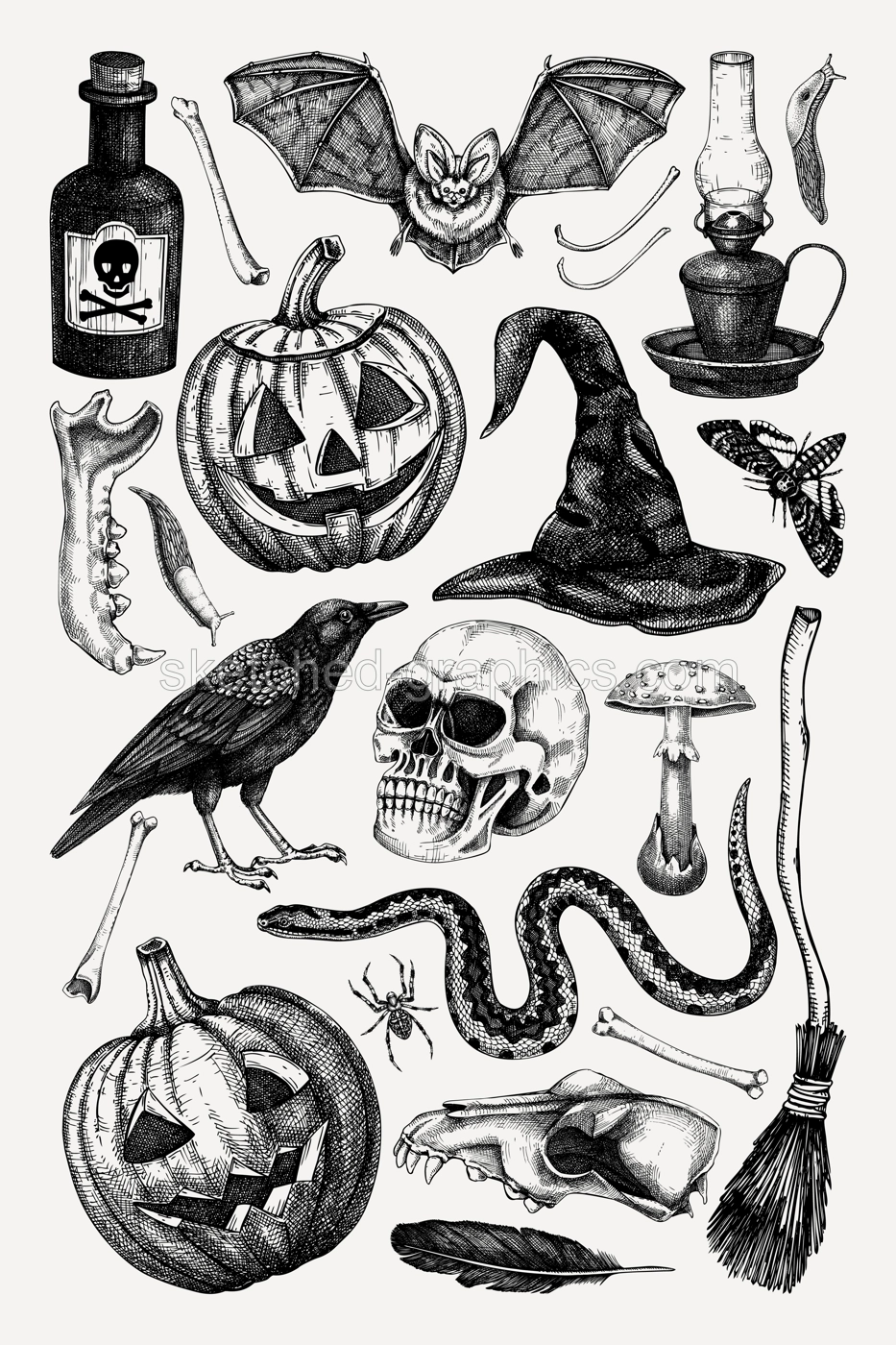 Halloween poster design template. Vintage wall art. Vector hand-drawn illustration for print. NOT AI generated Illustration
